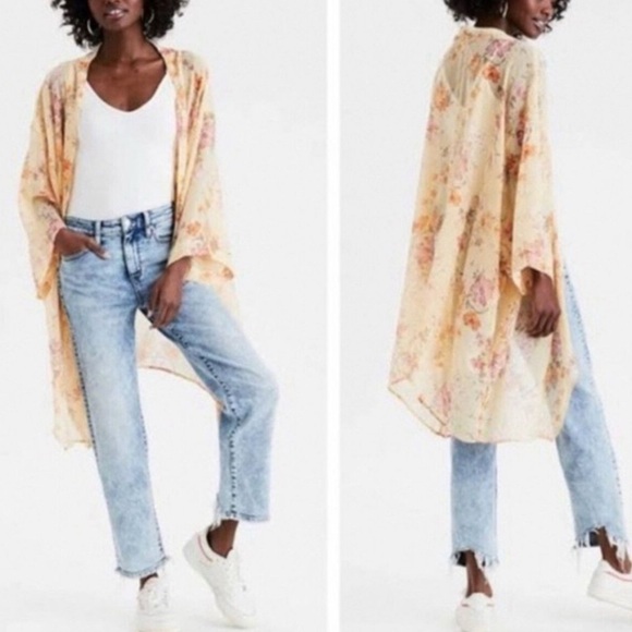 American Eagle Outfitters Tops - American Eagle Pale Yellow Floral Chiffon Open Front Kimono Boho Festival Beachy